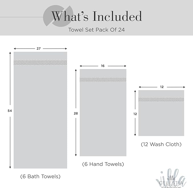 100% Cotton Bath Towel Set of 24-6 Bath Towels, 6 Hand Towels, 12 Wash Cloths, Sustainable, Soft, Highly Absorbent, Combed Cotton 24 Piece Set for Hotels, Spa, Bathroom, Dorm, Grey