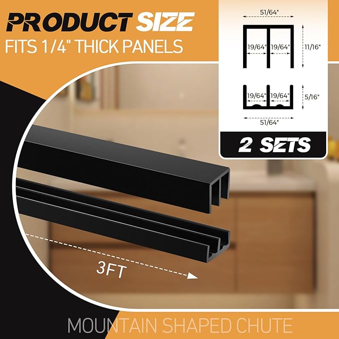 Landical 2 Sets Plastic Sliding Door Track Set for Cabinet Double Rails Panel Kit, 1/4" Thick Panels Glass Door Hardware System Window Track Quick Installation(3ft,Black)