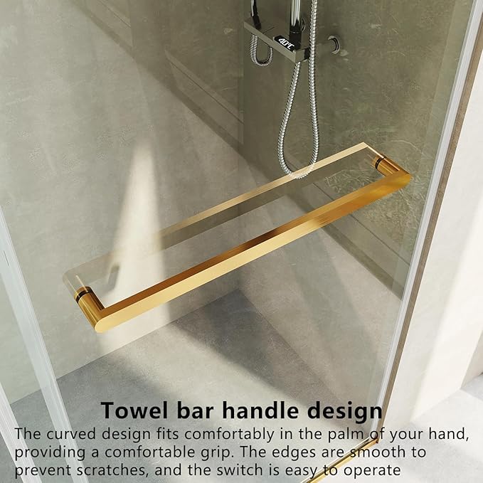 Frameless Soft Close Shower Door, 46"-48 "W, 76 "H, 3/8" (10mm) Clear Tempered Glass, Double Sliding Doors, Brushed Gold Finish.