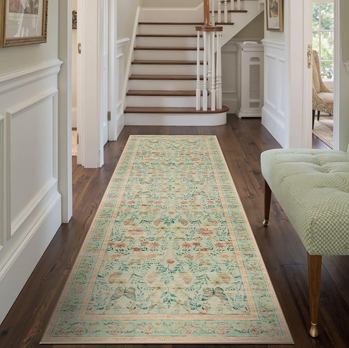 2x5 Floral Runner Rug, Washable Runners for Hallways, Green Vintage Boho Kitchen Rugs, Non Slip Hallway Runner Carpet for Indoor Hallway, Kitchen, Laundry Room and Bathroom(Mint Green 2x5ft)