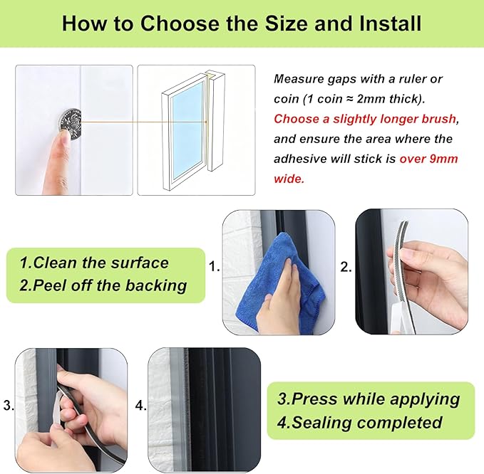 Strong Adhesive Brush Weather Stripping,0.4in Thick x 0.4in(W) x 33FT,Grey for Sliding Windows/Doors - Car Door Seal for Soundproofing,Dustproof,Winter Windproof & Warm,Waterproof,DIY Install