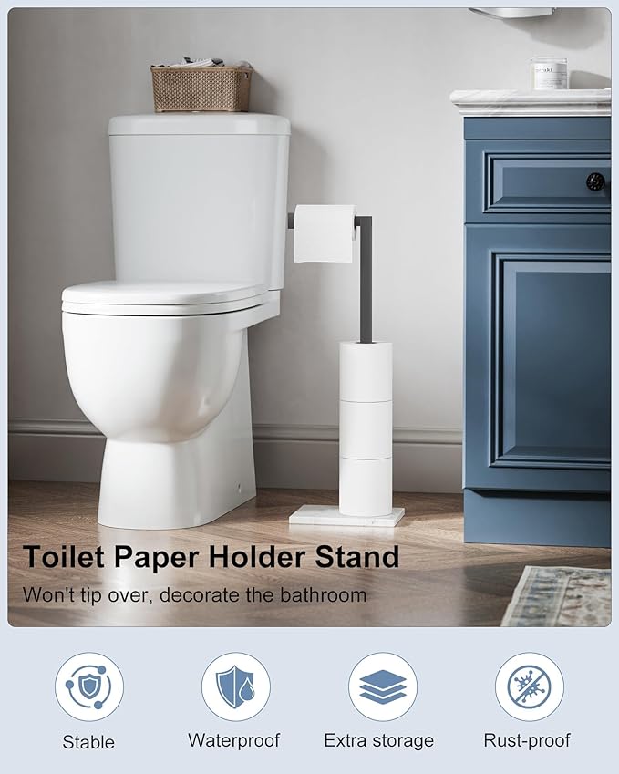 Free Standing Toilet Paper Holder Stand Matte Black SUS 304 Stainless Steel Rustproof 22 Inch Rotating Bathroom Tissue Roll Holder for 4 Rolls with Marble Base