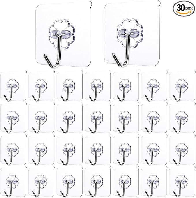 30-Pack Strong Adhesive Wall Hooks for Hanging Heavy Duty, Self Adhesive Towel Coat Hat Hook Bathroom Shower Organizer for Wall,Door,Closet Hanging Hooks, No Drilling (Transparent)