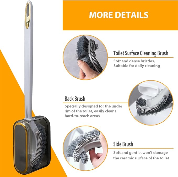 Toilet Brush and Holder Set, Under Rim Toilet Scrubber with S-Shape Design, Extra Long Handle Bathroom Cleaning Brush for Tub, Shower & Tight Spaces (1, Gray)
