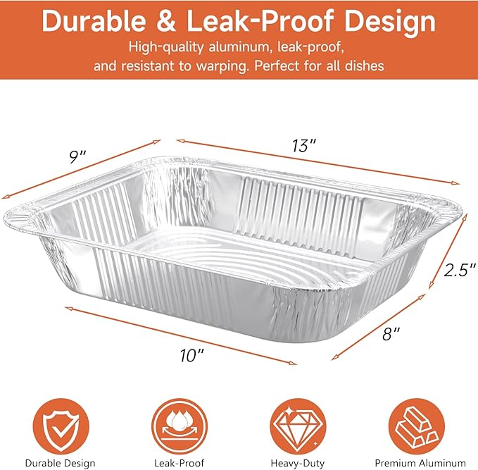 Half Size Aluminum Pans 9x13-20 Pack Aluminum Foil Pans, Heavy Duty Disposable Pans for Cooking, Baking, Meal Prep, Parties & Food Storage