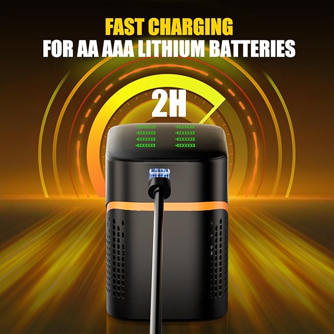 8-Pack Rechargeable Lithium aa Batteries with Charger, 1.5V Constant Output, 3400mWh High Capacity, 8-Slot Double A Li-ion Charger Storage Box with Smart Charging, Multiple Charging Protections