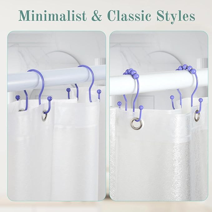 Goowin Shower Curtain Hooks, 12 Pcs Shower Curtain Rings, Stainless Steel Shower Curtain Hangers, Metal Shower Curtain Hooks Rings Rust Proof, Minimalist Shower Hooks for Shower Curtain, Purple