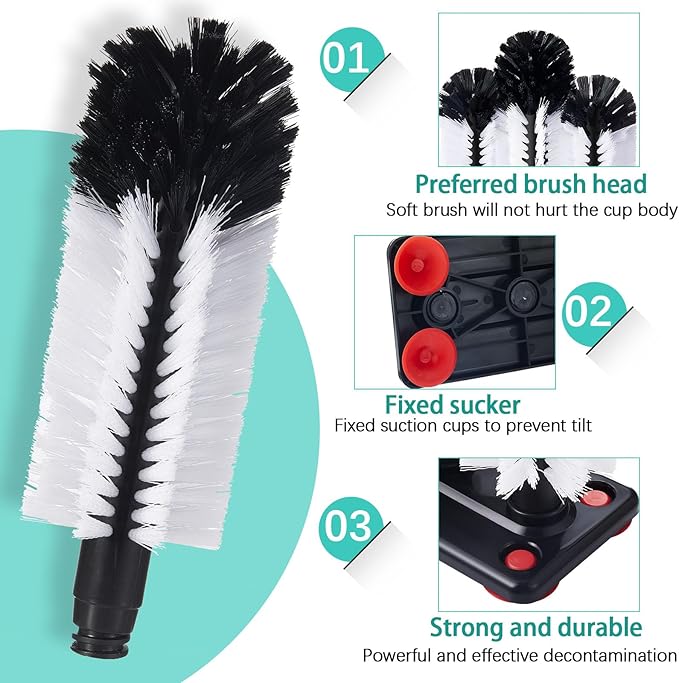 Havawish 1 Pack Water Bottle Cleaning Brush with Suction Base, 3 Head Bristle Bar Glass Washer for Sink, Washer Brush Cleaner for Bar Beer Cup, Wine Glass, Long Leg Cup Kitchen Tools