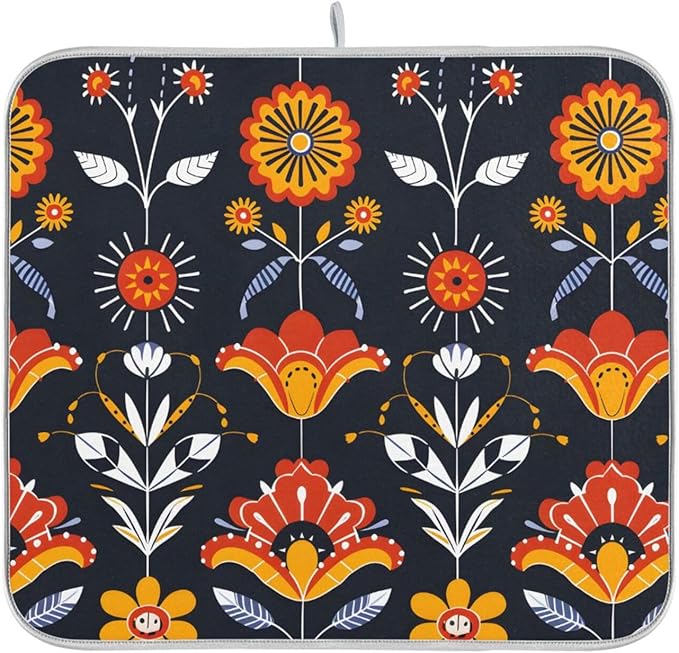 Floral Pattern Traditional Folk Art Dish Drying Mat for Kitchen Counter Absorbent Microfiber Drying Pad, Medium 16x18 in, Reversible Drainer Mats