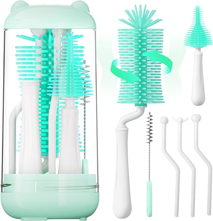 Bottle Brush Set,Travel Bottle Cleaner Kit with Baby Bottle Brush,UV Light,Straw Brush,Nipple Brush,Bottle Drying Rack for Home and Travel