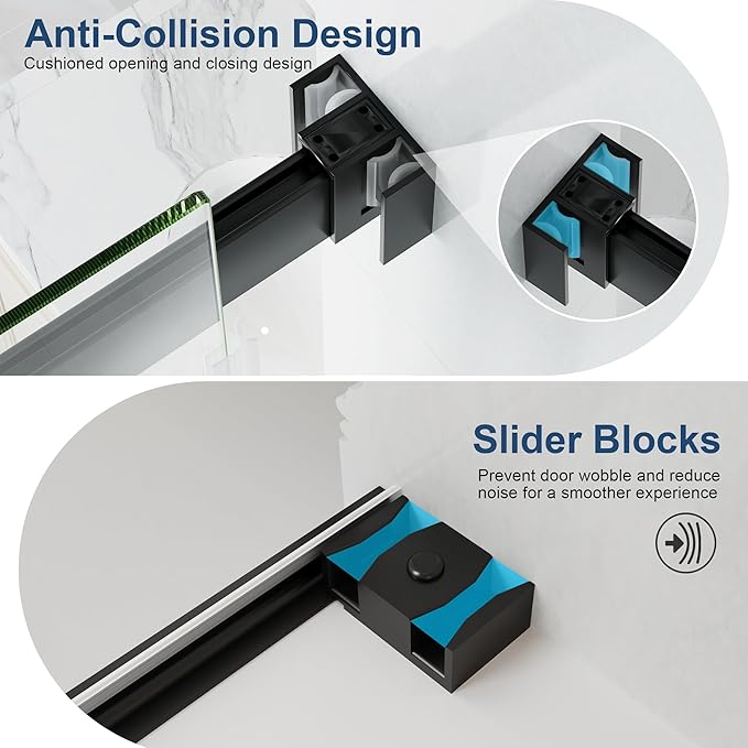Frameless Double Sliding Shower Doors, 49-54" W x 76" H Shower Glass Door, 1/4" (6mm) Thick ANSI Certified Tempered Glass with Explosion-Proof Film and Nano Coating, Matte Black