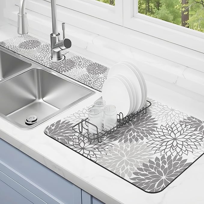 Dish Drying Mat for Kitchen Counter Matt, 2PCS 19"x12" Dish Drainer Mat & 24"x5.5" Sink Splash Guard, Super Absorbent Non-slip Rubber Backed