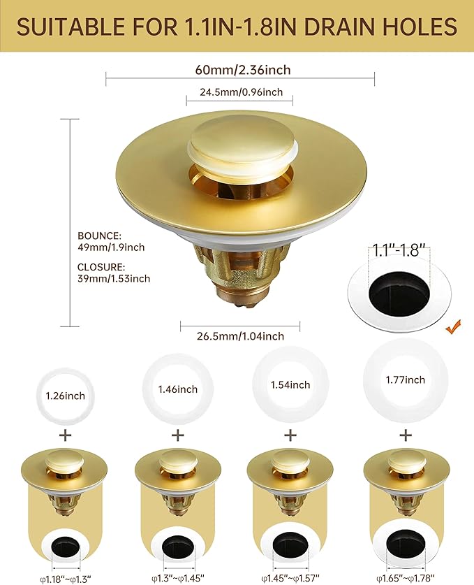 Fransiton Bathroom Sink Drain Stopper, 1.1-1.77 Inch Basin Pop Up Sink Drain Stopper, Anti Clogging Drain Plug with Detachable Hair Catcher,Brushed Golden