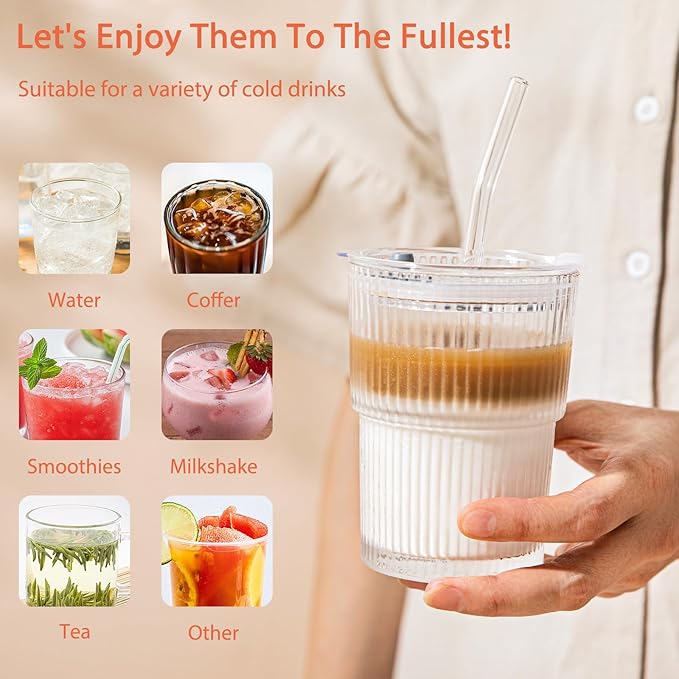 13oz Glass Tumblers with Lids and Straws, Set of 2 - Stylish Ribbed Design Drinking Glasses for Iced Coffee, Juice, Smoothies, Cold Beverages, Includes Cleaning Brush, Durable Glassware