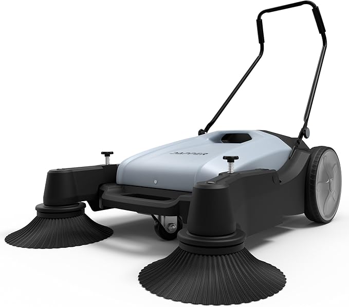 Walk-Behind Outdoor Hand Push Floor Sweeper - 10.5 Gallon Capacity - 36" Sweeping Width - Sweeps up to 39,500 ft/Hour, Grey