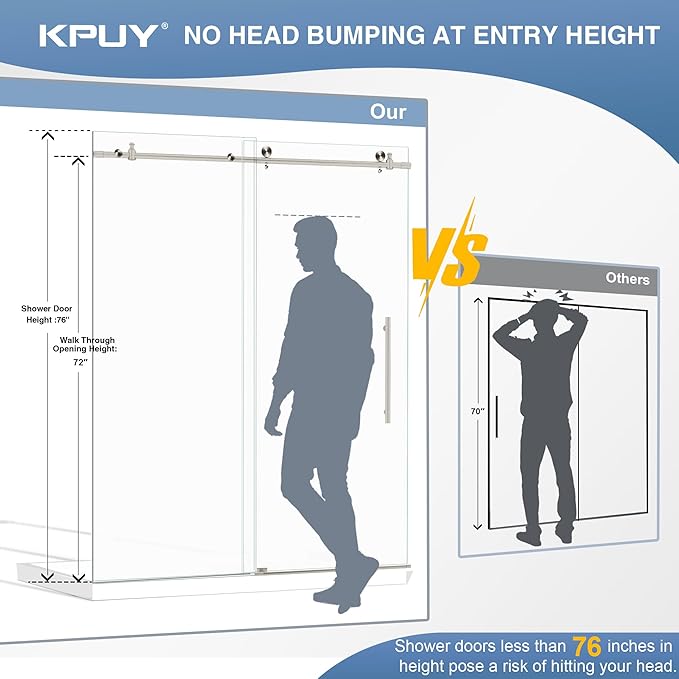 KPUY Frameless Shower Door, 61-66" W x 76" H Sliding Glass Shower Door, 1/4" (6mm) Thick Tempered Clear Glass with Explosion-Proof Film Nano Coating, Stainless Steel Hardware, Chrome