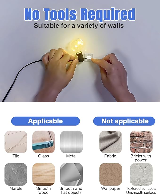 LZC Hooks for Outdoor String Lights Clips: 25 Pack Square Clear Large Heavy Duty Light Hook Waterproof Adhesive Strips - Outside Hanging Rope Light Cable Cord Holders Organizer