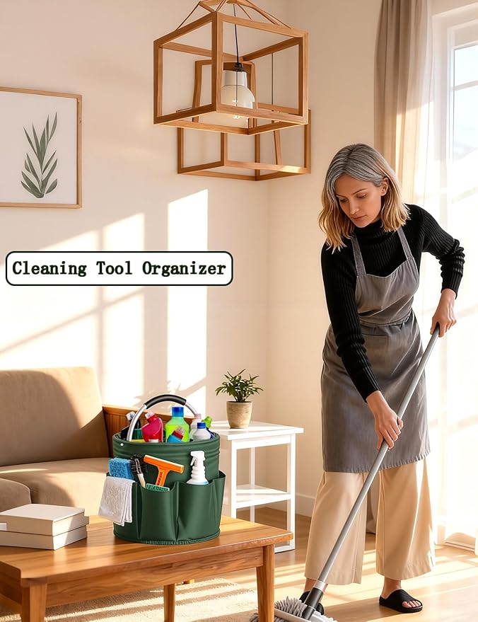 Cleaning Caddy with Handle, Cleaning Products Organiser, Foldable Storage Basket, Large Supply Organiser 17L with 6 Pockets, Portable Cleaning Caddy for Home & Garden (Green)