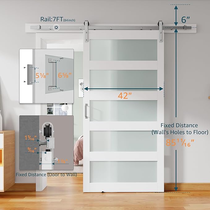 42'' x 84'' Glass Barn Door and 7 Ft Brushed Nickel Hardware Kit Included, MDF White Barn Door Slab with Frosted Glass, PVC Surface, Combined with Handle and Floor Guide-Assembly Required