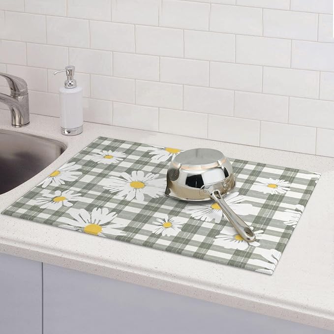 Daisy Dish Drying Mat For Kitchen Counter Absorbent Large Kitchen Fast Dry Pad Reusable Washable Protector Rack Large Mat 18 X 24