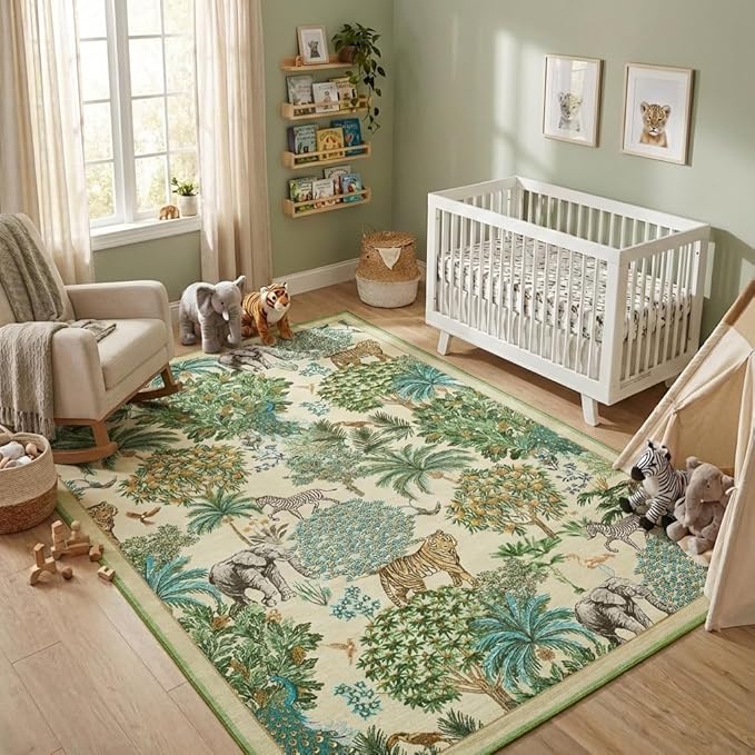 GarveeHome Jungle 8x10 Area Rug Washable Rugs for Living Room, Forest Rug Non Slip Low Pile Soft Indoor Stain Resistance Animal Print Carpet for Bedroom Dining Room Playroom Nursery, Beige