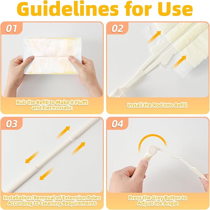 Heavy Duty Dusters Refills, Disposable Dusters Kit Compatible with Swiffer Handles, Multisurface Dusters+1 Extended Handle +1 Handle (Yellow, 180°)