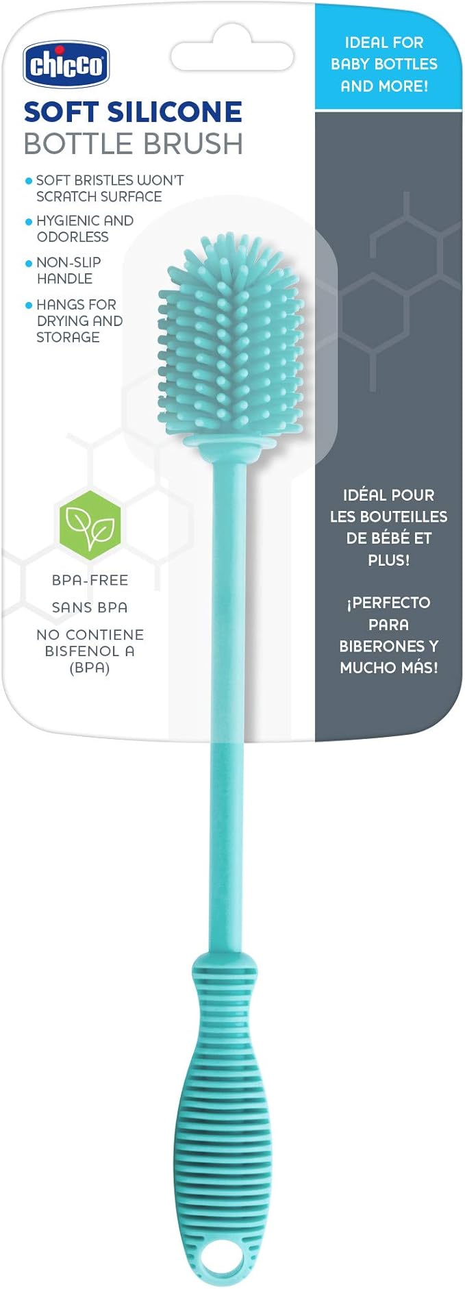 Chicco 9.5” Silicone Bottle Brush with Food-Grade Silicone Bristles | Dishwasher & Sterilizer Safe | Non-Slip, Comfort Grip Handle | Hangs for Drying & Storage | Teal