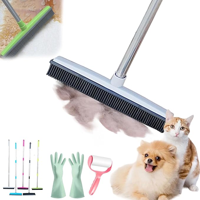 Pet Hair Rubber Broom, Rubber Broom for Pet Hair On Carpet, Pets Hairs Removal Broom with 49" Adjustable Handle, Soft Push Broom with Squeegee for Carpet, Hardwood Floor, Tile (B)