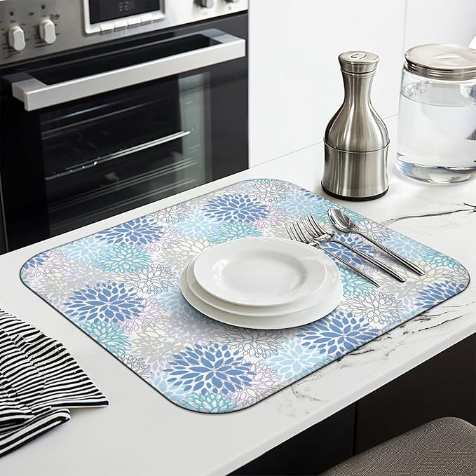 Dish Drying Mat Drainer Pads - Extra Large Microfiber Drying Mats for Dishes Kitchen Counter Super Absorbent Pads for Draining Racks (Blue,16"x18" )