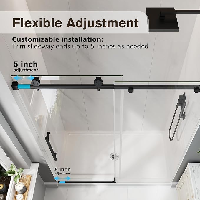 Frameless Glass Shower Door, 55-60" W x 76" H Sliding Frameless Shower Door, 1/4''(6mm) SGCC Tempered Glass, Explosion-Proof Film Nano Coating, Stainless Steel Hardware, Matte Black
