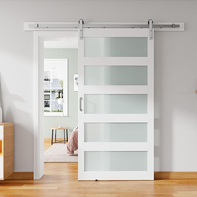 42'' x 84'' Glass Barn Door and 7 Ft Brushed Nickel Hardware Kit Included, MDF White Barn Door Slab with Frosted Glass, PVC Surface, Combined with Handle and Floor Guide-Assembly Required