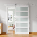 42'' x 84'' Glass Barn Door and 7 Ft Brushed Nickel Hardware Kit Included, MDF White Barn Door Slab with Frosted Glass, PVC Surface, Combined with Handle and Floor Guide-Assembly Required