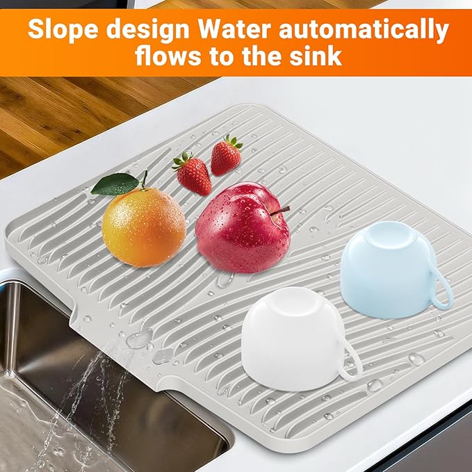 Silicone Dish Drying Mat for Kitchen Counter, Non-Slip Drain Pad, Dish Drying Pad, Easy to Clean Dish Rack Pad, Multi-Use as Heat Resistant Trivet, 19.7" x 17" , Cream