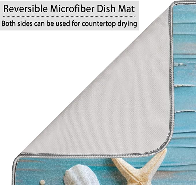 Dish Drying Mat for Kitchen Absorbent Drying Mat Reversible Kitchen Drying Pad for Utensils Pots Water Cup Sea Star Shell