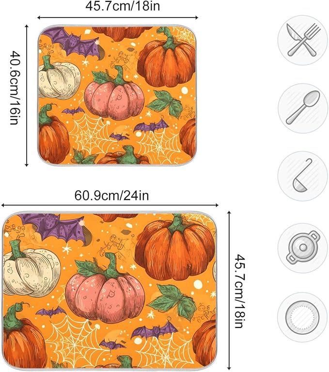 Halloween Colorful Pumpkin Pattern Dish Drying Mat for Kitchen Counter Super Absorbent Drying Mat 18x24 inch Large Dish Drying Matts for Countertop Protector Dishes Pad