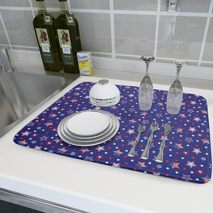 Khope 4th of July Navy Blue Dish Drying Mat for Kitchen Counter 18x24 Inch Memorial Day American Flag Stars Reusable Washable Drying Pad Countertop Home Decor