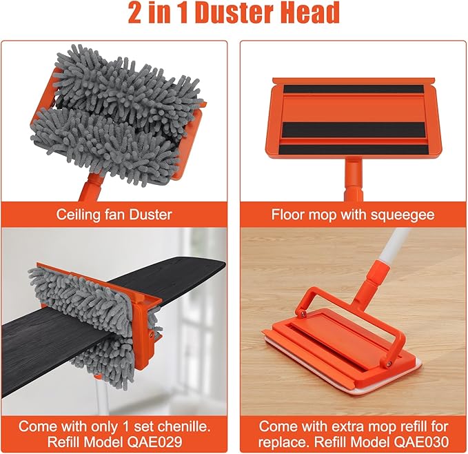 Qaestfy Ceiling Fan Cleaner Duster with 62.5‘’ Extendable Long Handle Ceiling Fan Blade Cleaning Tool, Reusable Chenille & Microfiber Mop Head for Dusting Ceiling Fan Baseboard Wall Floor