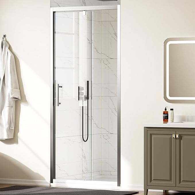WinZo 31-32" W ×72" H Small Pivot Shower Door, 1/4"(6mm) SGCC Clear Glass Shower Door with Explosion Film, Nano Easy-Clean Coating, Reversible Installation, Brushed Nickel