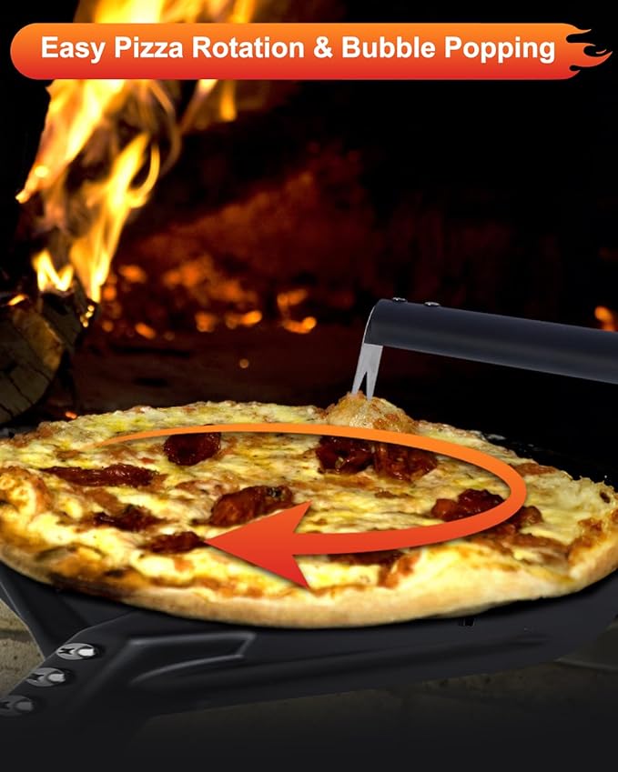 6PCS Pizza Turning Peel, 9 &12 Inch Perforated Pizza Peel, Pizza Brush, Ash Rake, Bubble Spinner Turning Fork, Heat-Resistant Oven Mitts, Pizza Oven Utensil Kit with 40 Inch Aluminum Handle