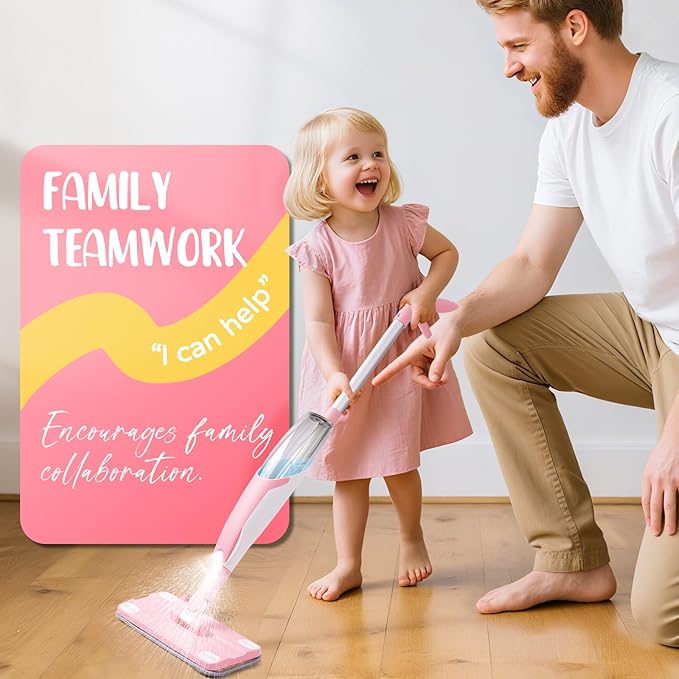 Pink Mini Spray Mop for Toddler-Girls Montessori Cleaning Toy That Real Spray Water,Pretend Playhouse Essentials for Girls Ages 3-8,Toddler Educational Housekeeping Set