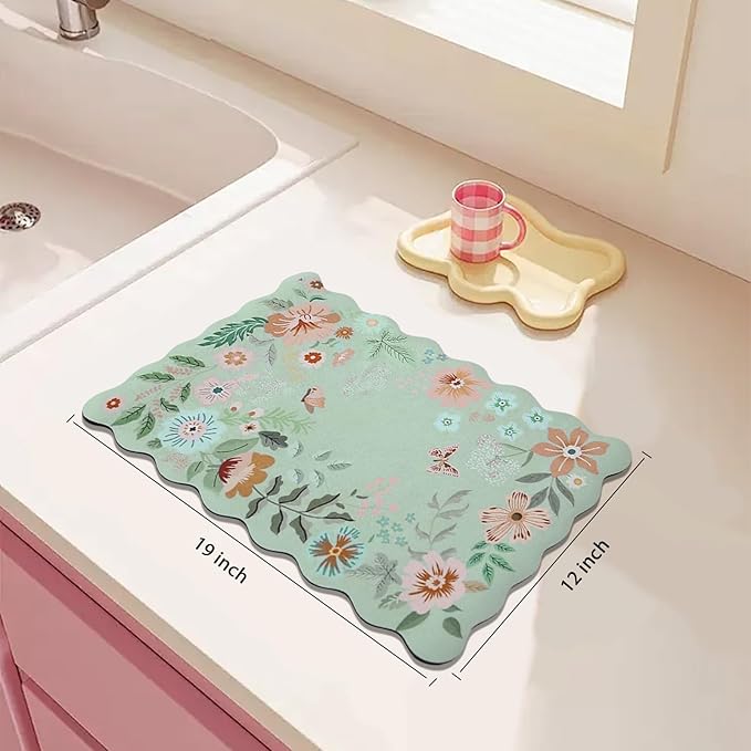 Scalloped Bohemian Coffee Mat Dish Drying Mats for Kitchen Counter, Kitchen Decor,(12"x19", Green)