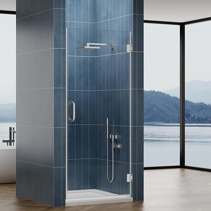 Framelss Hinged Shower Door, 34" W x 76" H Single Swing Pivot Shower Door, 3/8" (10mm) Tempered Glass with Nano Coating, Stainless Handle, Glass Door for Walk-in Shower - Brushed Nickel