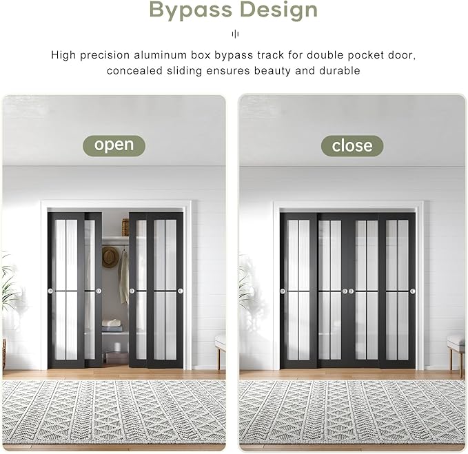 EaseLife 8FT/96in Bypass Double Sliding Pocket Door Hardware Kit,Commercial Grade,Aluminum,Bypassing Closet Doors Track for 4 Door System,Slide Smoothly Quietly,Easy Install,No Door