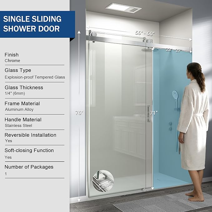 Abruzzo 76" Frameless Shower Door Single Sliding - 1/4" Tempered Glass Soft Close, Chrome, Adjustable 56-60" Width