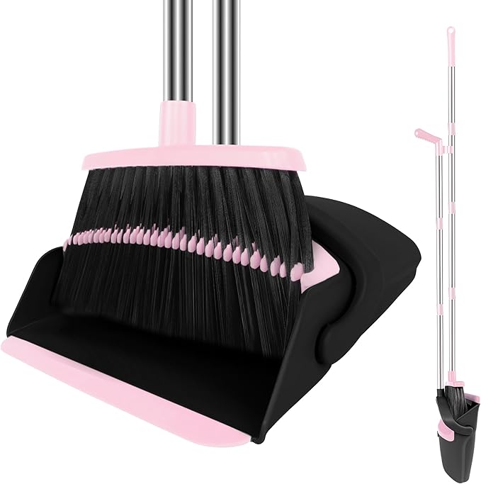 Pink Broom with Dustpan Combo Set, 51" Long Handle Household Kit for Home for Pet Hair