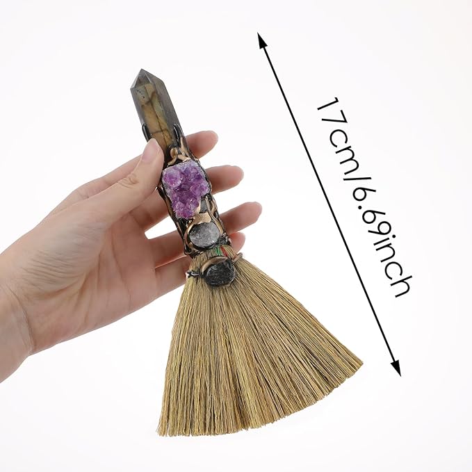 Witch Broom Witchcraft Supplies - Altar Supplies with Labradorite Wiccan Stuff Magic Broomstick with Natural Healing Crystals Hexagonal Points Pagan Reiki Energy Clearing Decor