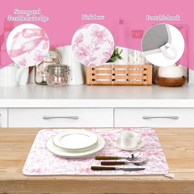2 Pcs Large Coquette Pink Bow Dish Drying Mat Large for Kitchen, 18 X 24 Inch Bow Absorbent Microfiber Coffee Bar Pad for Women Counter Kitchen Home Accessories Party Gifts