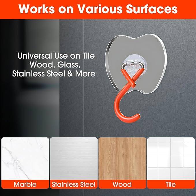 No Drill Large Adhesive Wall Hooks,Broom Holder for Wall,Heavy Duty Mop Hooks with Extra Adhesive Pad,75LB Load Capacity,3.35x2.95in Adhesive Pad for Garage Kitchen Bathroom Organization (2, Orange)