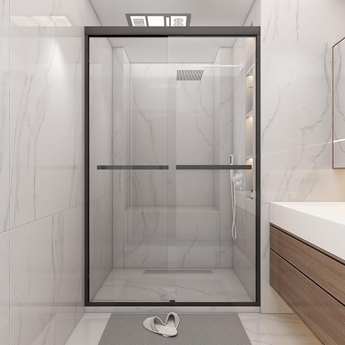 Shower Door 44-48" W * 72" H, Matte Black Double Sliding Shower Door with 1/4"(6mm) Tempered Glass, Shower Glass Door Easy to Clean