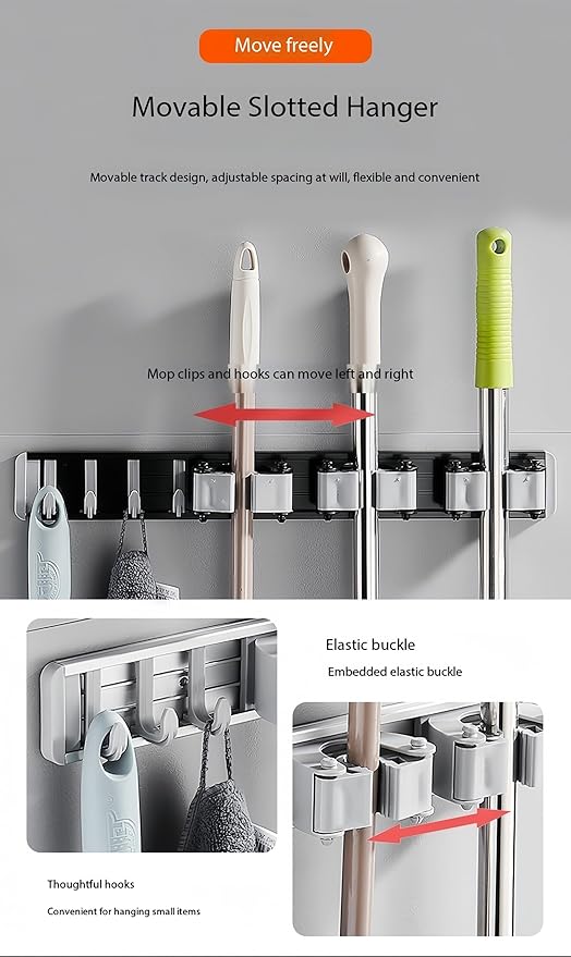 Broom Hook Holder Wall Mount Mop Organizer Holder Space Aluminum Storage Hook Kitchen Bathroom Organization Accessories